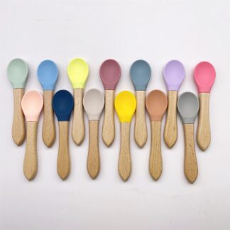 Bpa Free Silicone Baby Spoon Fork with Wood Handle Kids Baby Feeding Set Silicone Spoons Set for Bab
