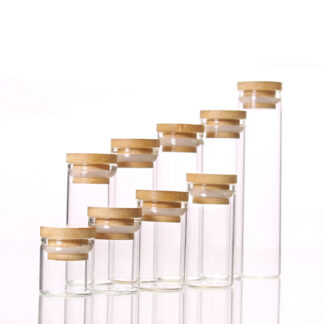 Customize Logo Small Glass Pill Bottles Vials Jars Glass With Wooden Bamboo Stopper Storage Bottle
